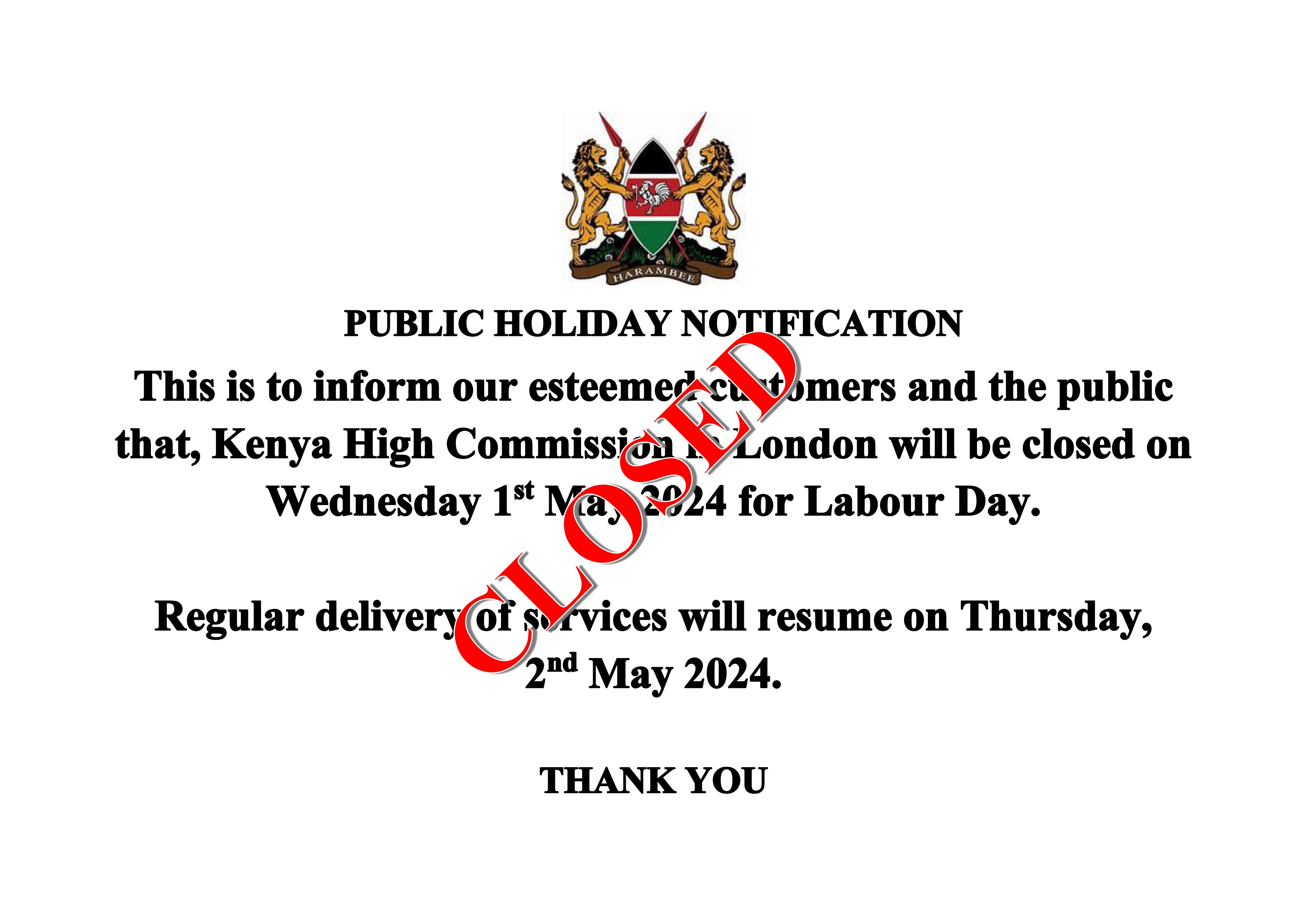 PUBLIC HOLIDAY ANNOUNCEMENT